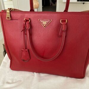 Prada Red Leather Tote with Gold Accents